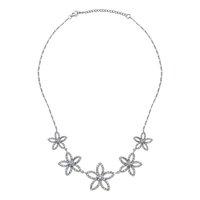 Closeout-Silver 925 Rhodium Plated Open Flower CZ Stud Earring and Necklace Set - STS00148 | Silver Palace Inc.
