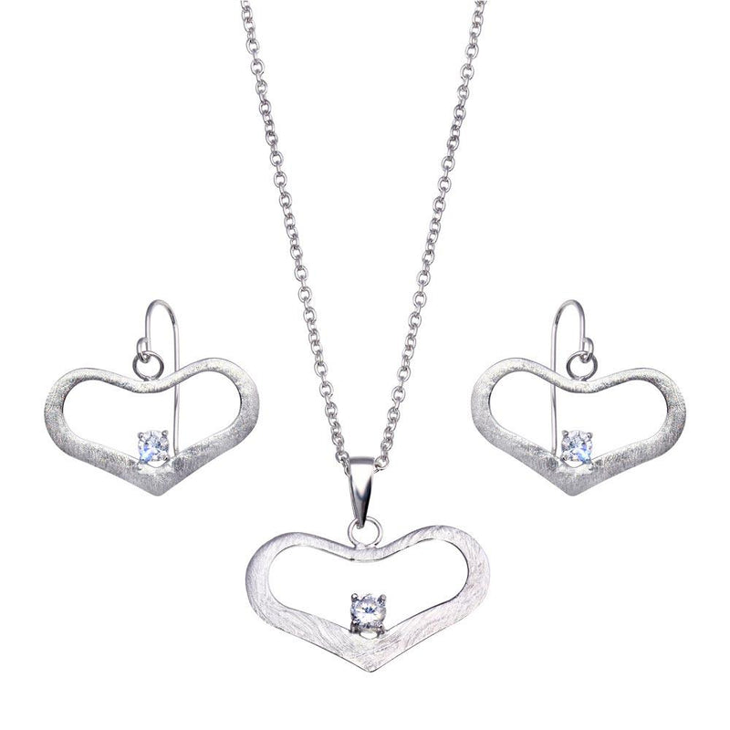 Closeout-Silver 925 Rhodium Plated Open Wide Heart CZ Dangling Hook Earring and Necklace Set - STS00155 | Silver Palace Inc.