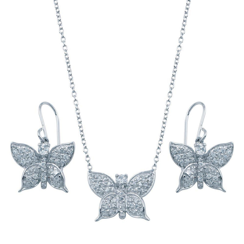 Rhodium Plated 925 Sterling Silver Butterfly CZ Hook Earring and Necklace Set - STS00160 | Silver Palace Inc.