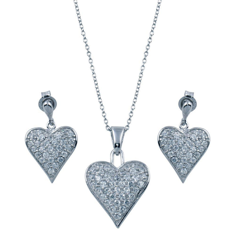 Rhodium Plated 925 Sterling Silver Heart CZ Stud Dangling Earring and Necklace Set - STS00164 | Silver Palace Inc.