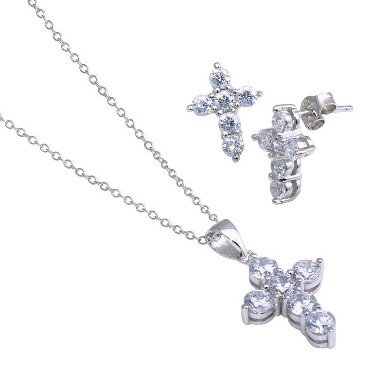 Silver 925 Rhodium Plated Cross CZ Stud Earring and Necklace Set - STS00173 | Silver Palace Inc.