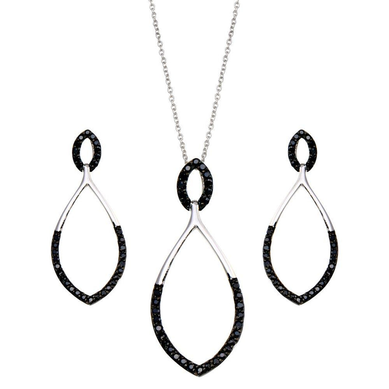 Closeout-Silver 925 Black and Rhodium Plated Open Teardrop Marquis CZ Stud Earring and Necklace Set - STS00183 | Silver Palace Inc.