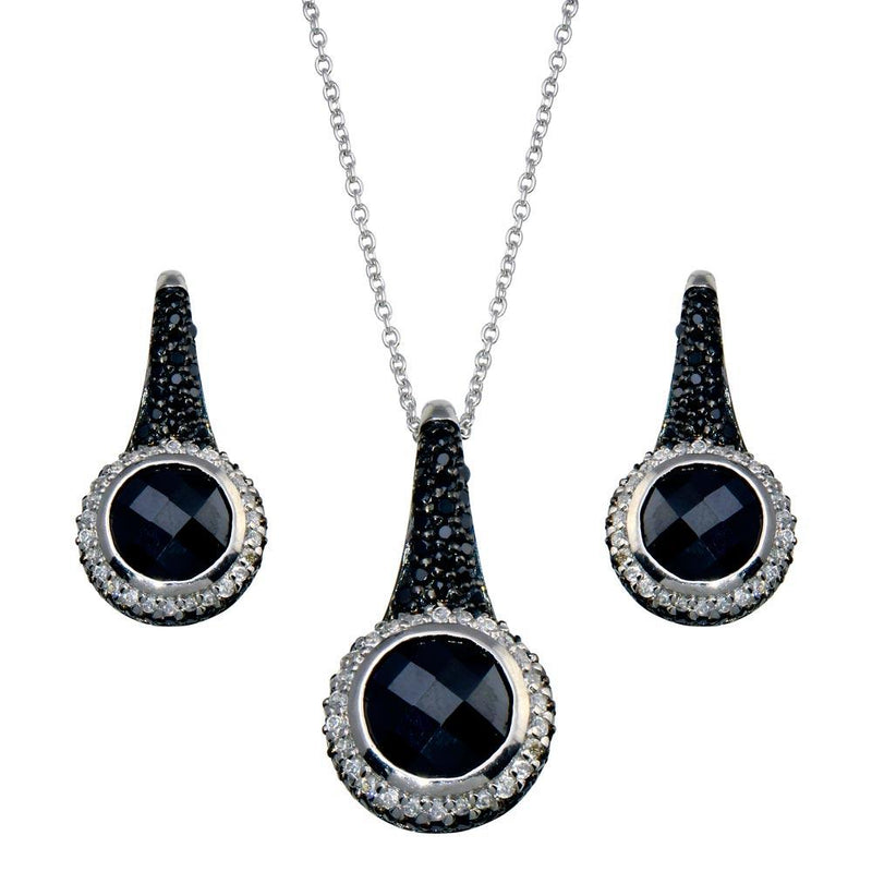 Closeout-Silver Black and Rhodium Plated Round CZ Hook Earring and Necklace Set - STS00185 | Silver Palace Inc.