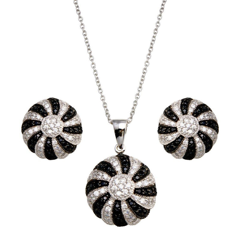 Closeout-Silver 925 Rhodium Plated Round Black and Clear CZ Earring and Necklace Set - STS00212 | Silver Palace Inc.