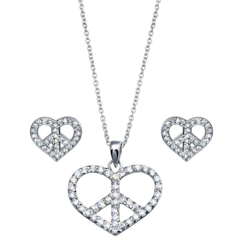 Silver 925 Rhodium Plated Open Heart Peace Sign CZ Stud Earring and Necklace Set - STS00217 | Silver Palace Inc.