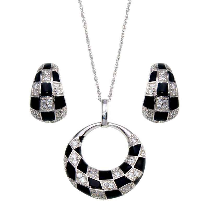 Closeout-Silver 925 Rhodium Plated Open Circle Checkered CZ Crescent Stud Earring and Necklace Set - STS00223 | Silver Palace Inc.