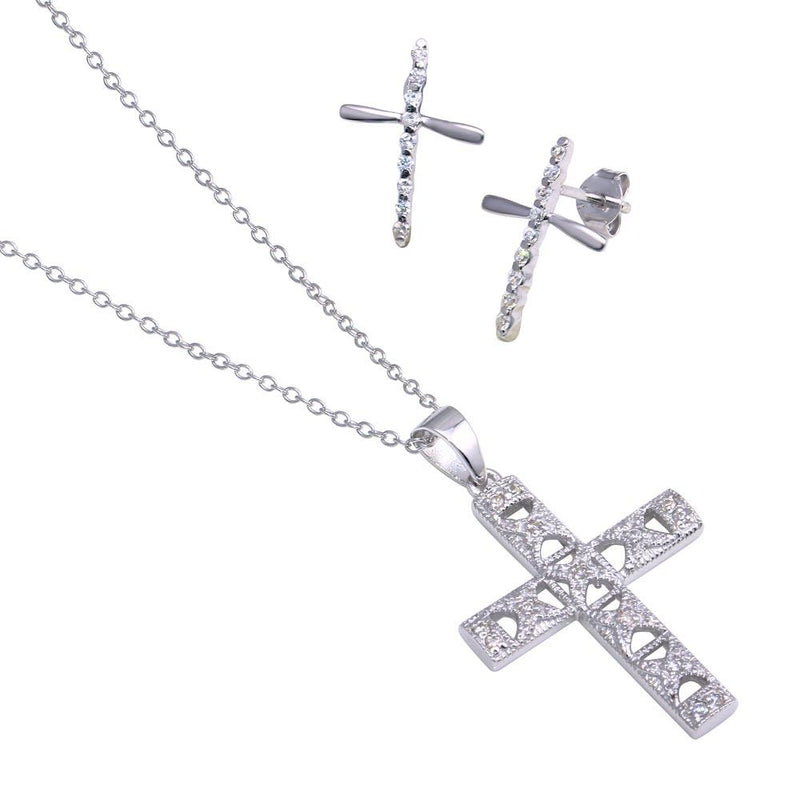 Silver 925 Rhodium Plated Cross CZ Stud Earring and Necklace Set - STS00238 | Silver Palace Inc.