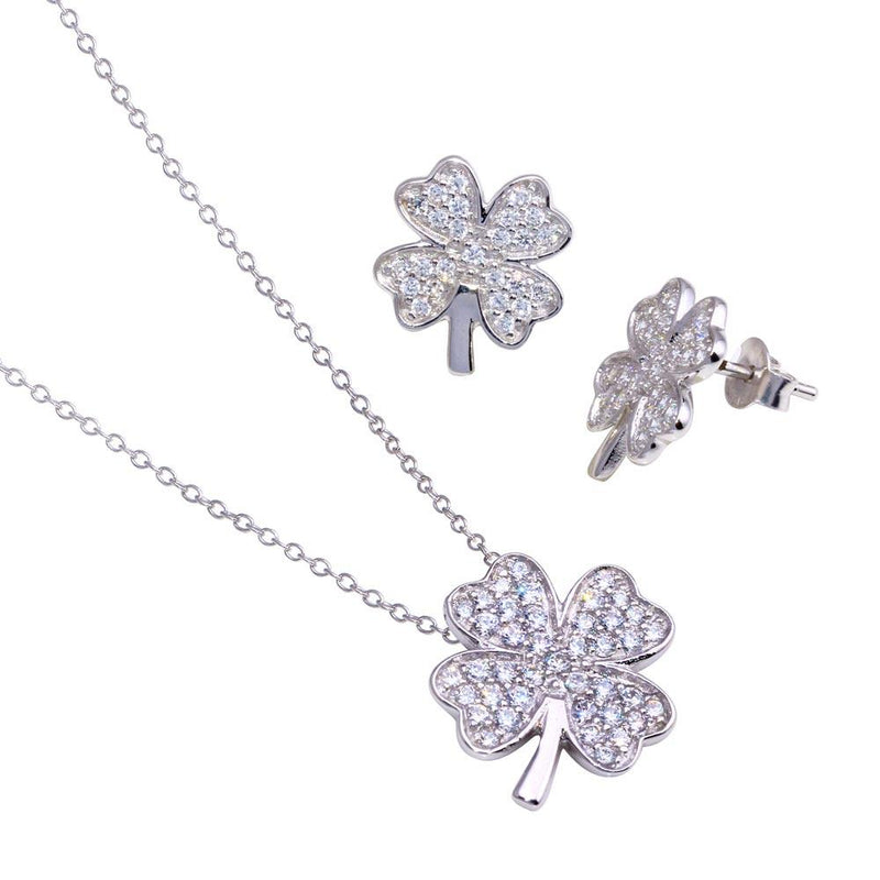 Silver 925 Rhodium Plated Clover CZ Stud Earring and Necklace Set - STS00278 | Silver Palace Inc.