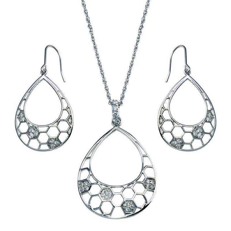 Closeout-Silver 925 Rhodium Plated Open Teardrop CZ Dangling Hook Earring and Necklace Set - STS00316 | Silver Palace Inc.
