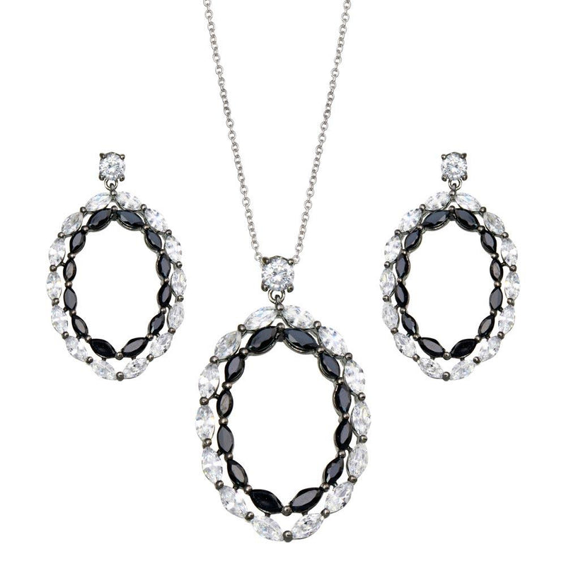 Closeout-Silver 925 Rhodium Plated Open Marquis Black and Clear CZ Dangling Earring and Necklace Set - STS00343 | Silver Palace Inc.