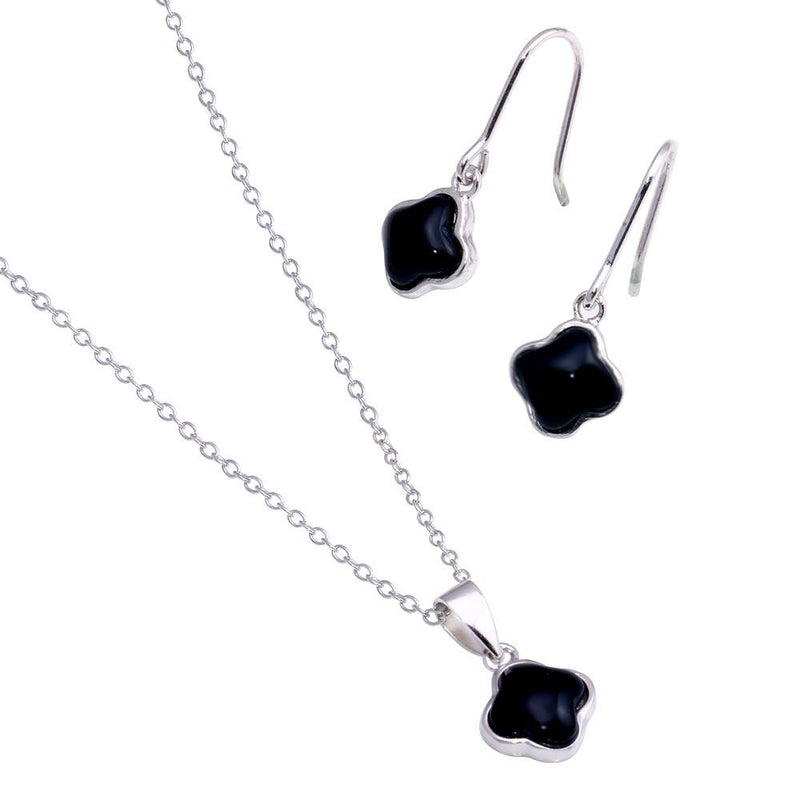 Silver 925 Rhodium Plated Black Onyx Flower Dangling Hook Earring and Necklace Set - STS00354 | Silver Palace Inc.