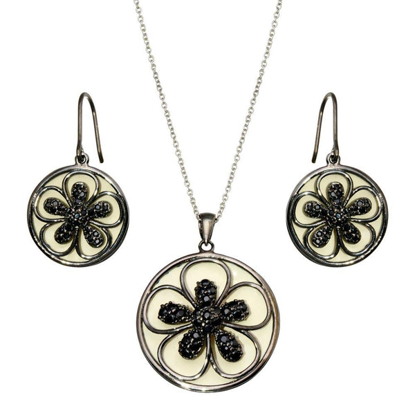 Closeout-Silver 925 Black Rhodium Plated Flower White Enamel CZ Dangling Set - STS00376 | Silver Palace Inc.