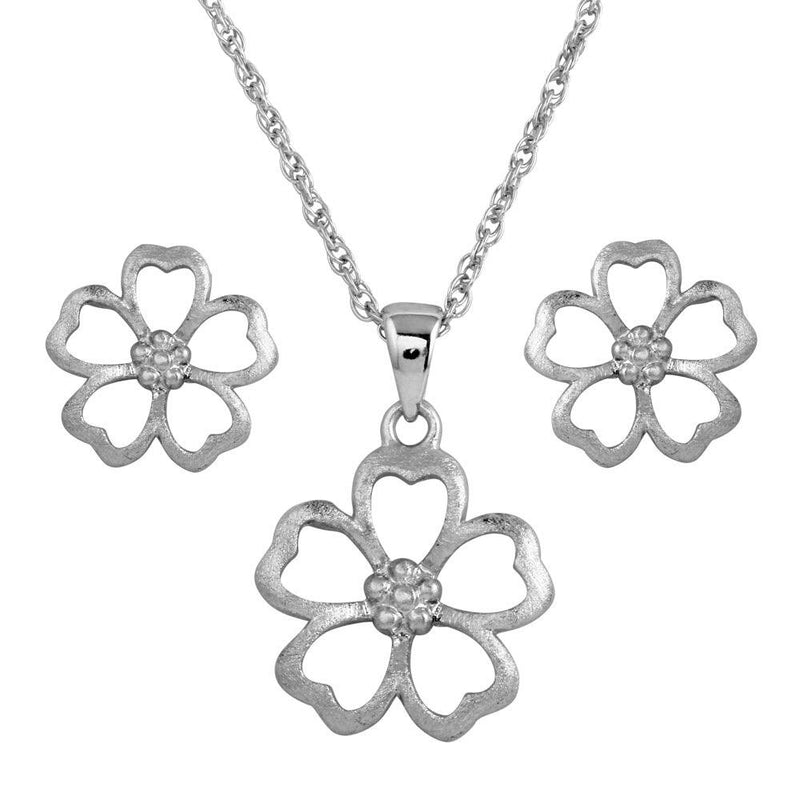 Silver 925 Rhodium Plated Matte Finish Open Flower CZ Set - STS00385 | Silver Palace Inc.