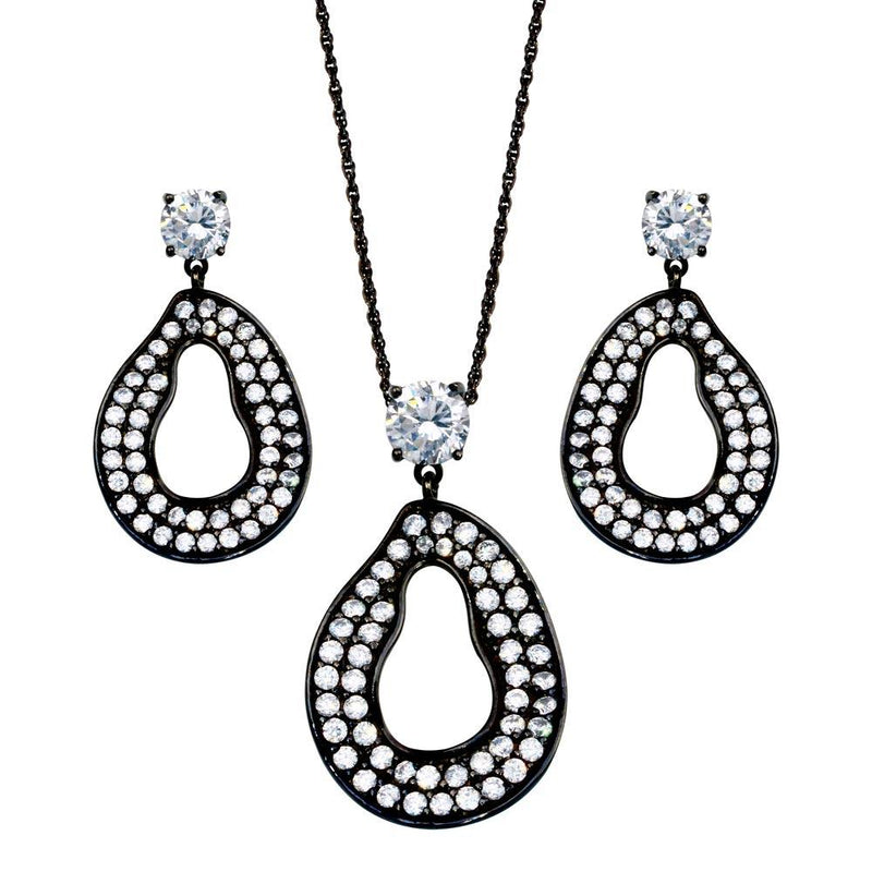 Closeout-Silver 925 Rhodium Plated Open Oval CZ Dangling Stud Earring and Necklace Set - STS00393 | Silver Palace Inc.