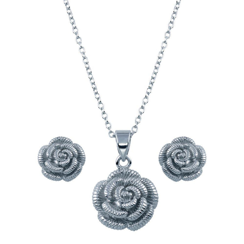 Rhodium Plated 925 Sterling Silver Flower CZ Stud Earring and Necklace Set - STS00426 | Silver Palace Inc.
