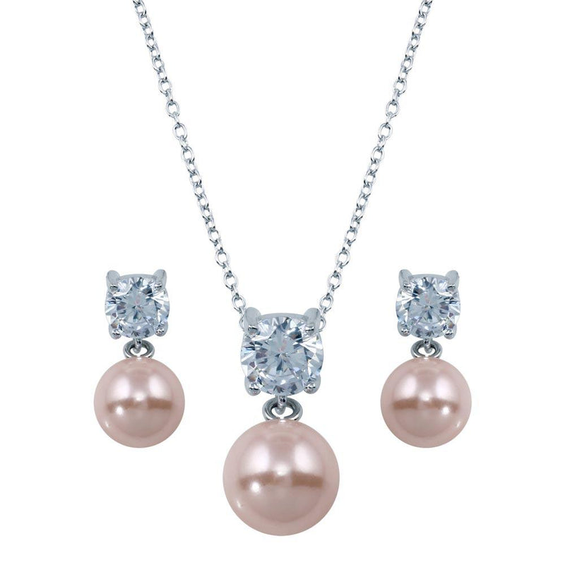 Silver 925 Rhodium Plated Pink Pearl Dangling Stud Earring and Necklace Set - STS00427 | Silver Palace Inc.