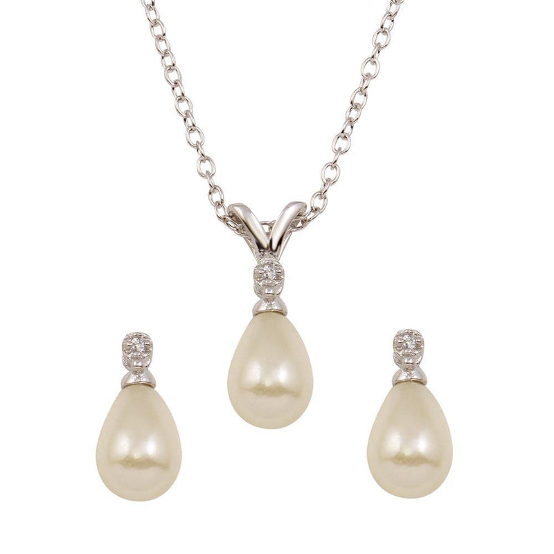 Silver 925 Rhodium Plated Tear Drop Pear Earrings and Necklace set with CZ - STS00450 | Silver Palace Inc.