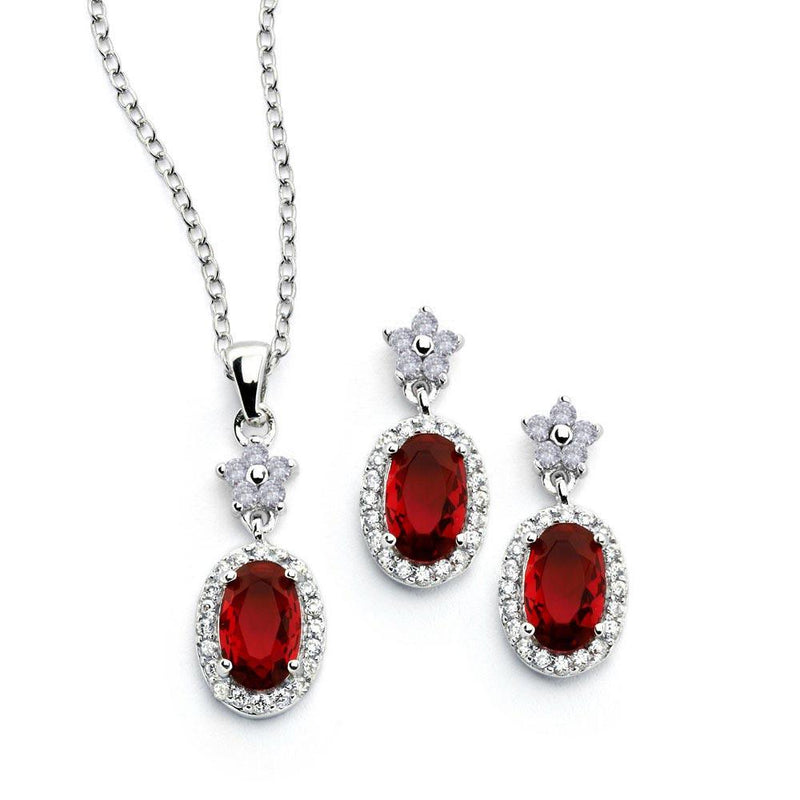 Silver 925 Rhodium Plated Flower Round Red CZ Dangling Stud Earring and Necklace Set STS00473 | Silver Palace Inc.