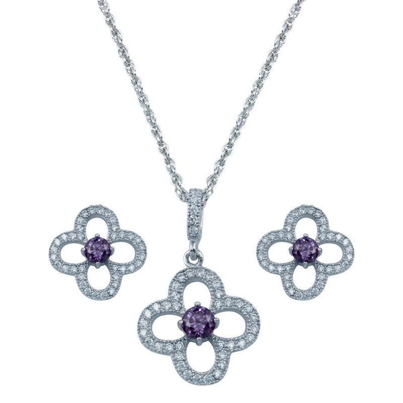 Rhodium Plated 925 Sterling Silver Open Flower Purple Small Round CZ Stud Earring and Necklace Set - STS00474 | Silver Palace Inc.