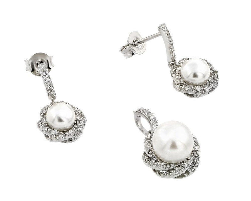 Silver 925 Rhodium Plated Twist Desing CZ Center Pearl Dangling Stud Earring and Necklace Set - STS00479 | Silver Palace Inc.
