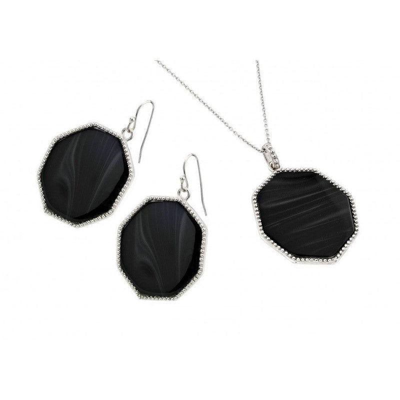 Silver 925 Rhodium Plated Black Octagon CZ Dangling Hook Earring and Necklace Set - STS00482 | Silver Palace Inc.