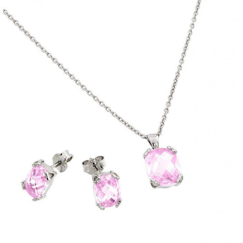 Silver 925 Rhodium Plated CZ Stud Earring and Necklace Set - STS00486