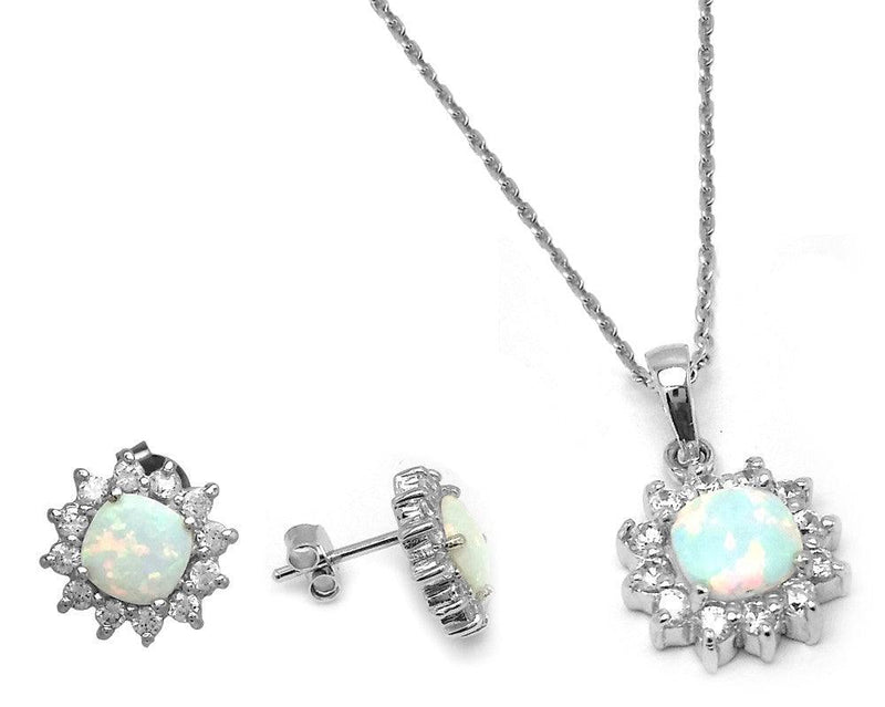 Silver 925 Rhodium Plated Opal Sun CZ Stud Earring and Necklace Set - STS00488 | Silver Palace Inc.