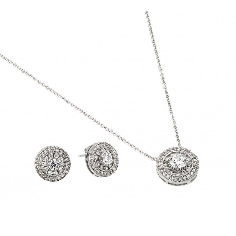 Silver 925 Rhodium Plated Round CZ Stud Earring and Necklace Set - STS00489 | Silver Palace Inc.