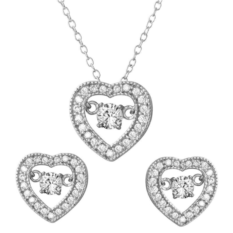 Silver 925 Rhodium Plated Open Heart with Hanging Round CZ in the Center Set - STS00490 | Silver Palace Inc.