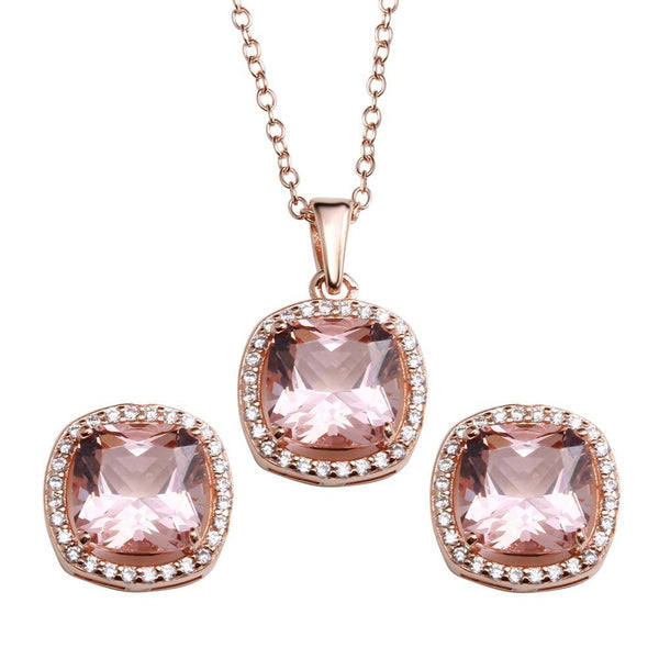 Silver 925 Rose Gold Plated Rounded Square Pink CZ Pendant Necklace and Earrings Set - STS00518RGP | Silver Palace Inc.