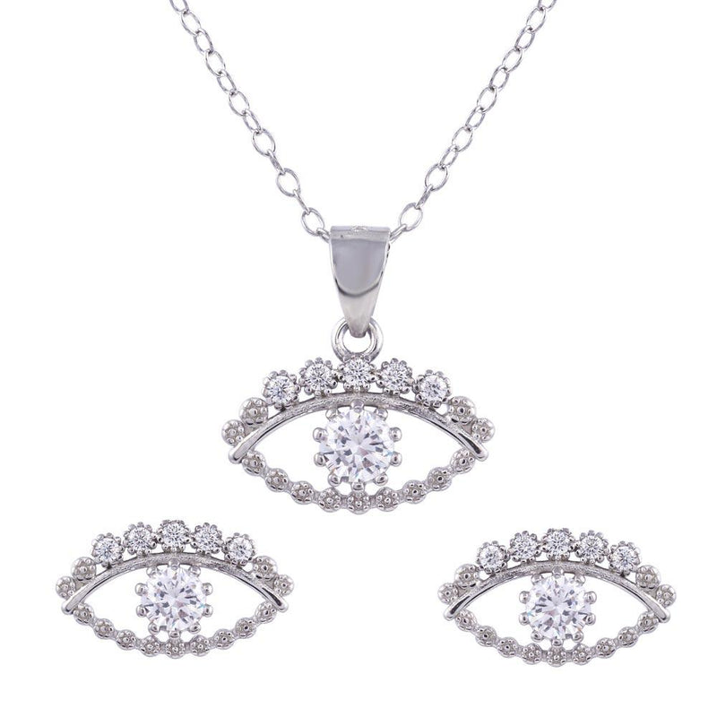 Rhodium Plated 925 Sterling Silver Clear CZ Evil Eye Set - STS00530 | Silver Palace Inc.