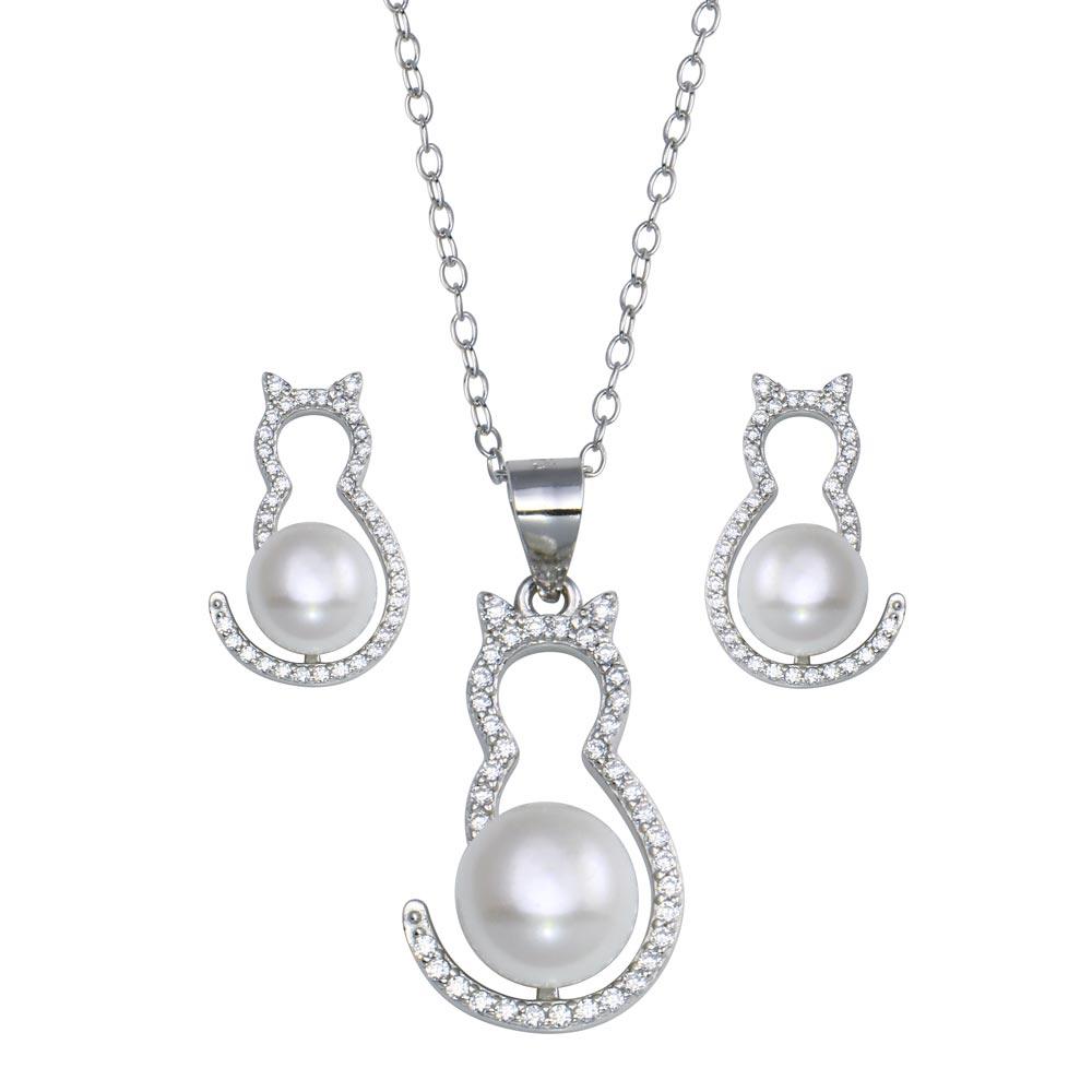 Rhodium Plated 925 Sterling Silver Cat CZ Mother of Pearl Set - STS00536 | Silver Palace Inc.