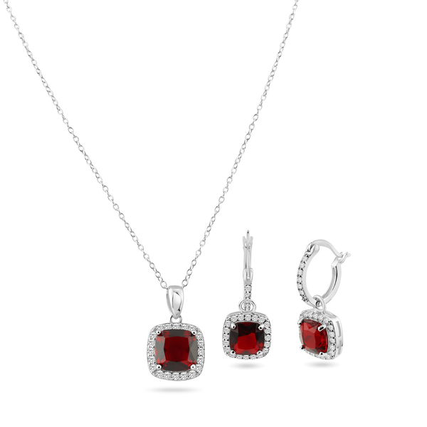 Rhodium Plated 925 Sterling Silver Red and Clear Square CZ Set - STS00549-RED | Silver Palace Inc.