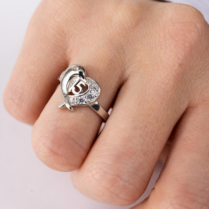 Silver 925 Rhodium Plated Crown 15 Heart Dolphin Ring with CZ - TMR00007