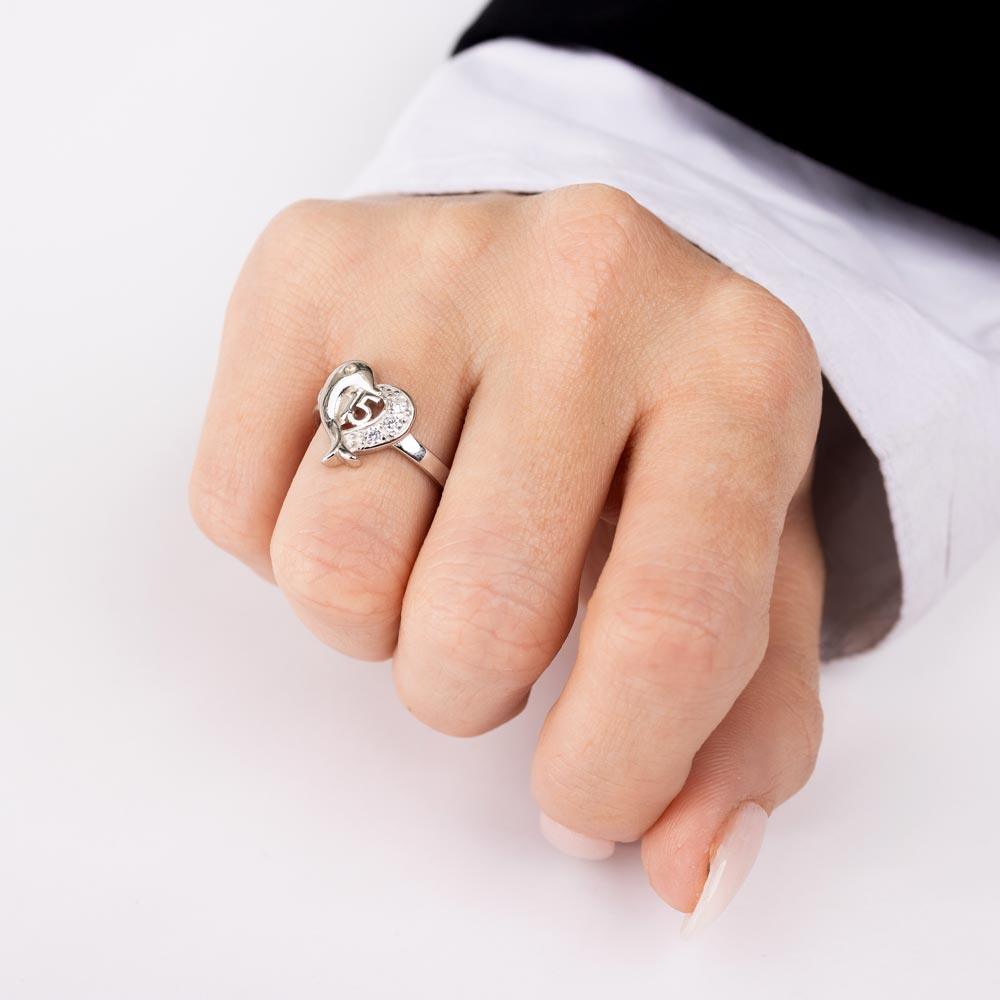 Anillo de delfín con corona de 15 corazones y circonitas en plata de ley 925 rodiada - TMR00007