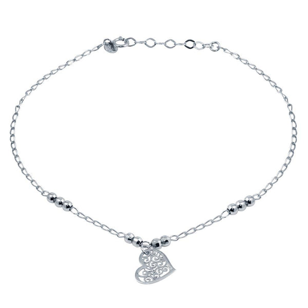 Silver 925 Rhodium Plated Beaded Anklet with Flat Heart Charm - TRA00004 | Silver Palace Inc.