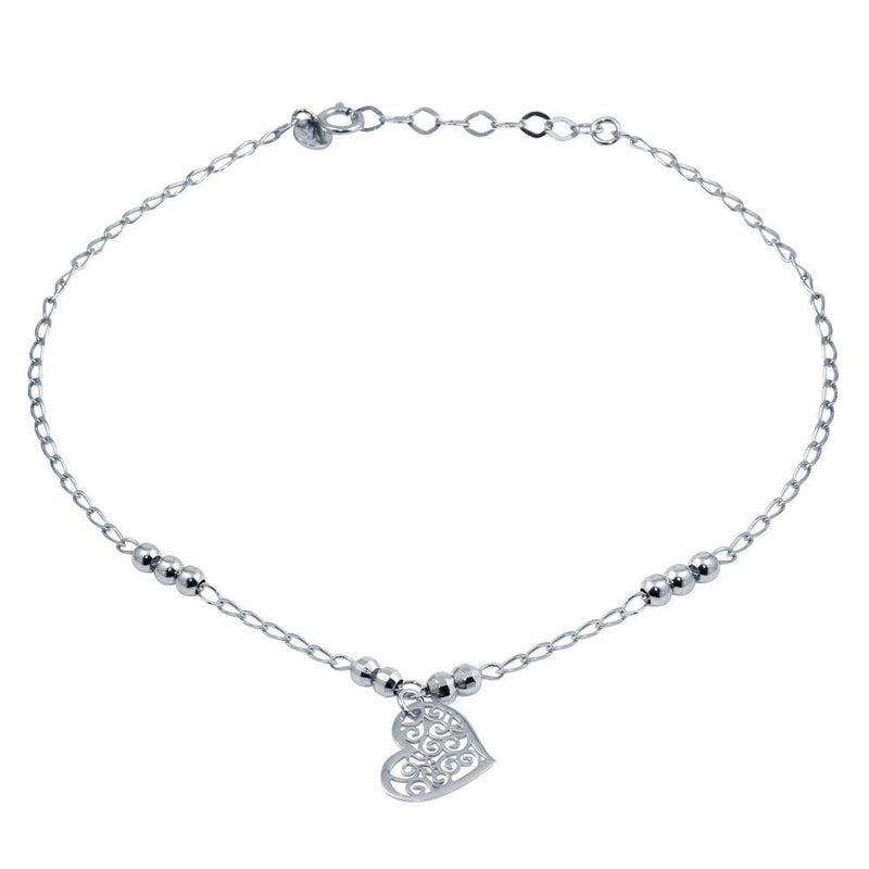 Silver 925 Rhodium Plated Beaded Anklet with Flat Heart Charm - TRA00004 | Silver Palace Inc.