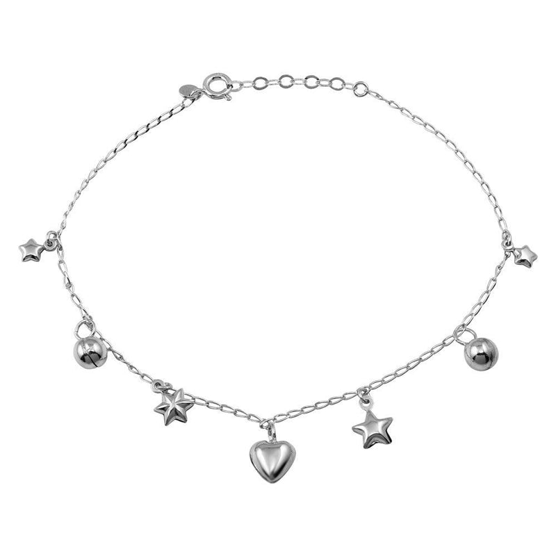 Silver 925 Rhodium Plated Heart, Star, and Round Charms Anklet - TRA00003 | Silver Palace Inc.