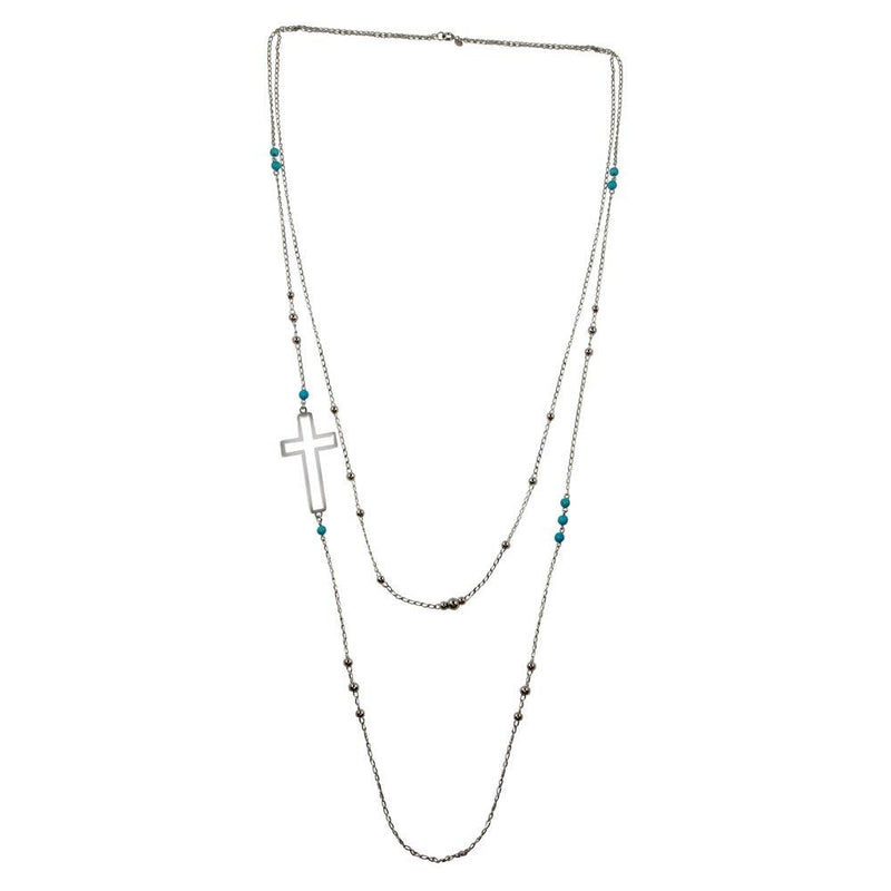 Silver 925 Rhodium Plated Cross Chain Necklace with Turquoise Beads - TRN00002 | Silver Palace Inc.