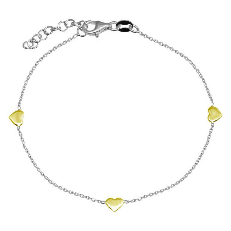 925 Sterling Silver Adjustable Single Strand 2T Plated Bracelet with 3 Hearts Element - VGB23GP | Silver Palace Inc.