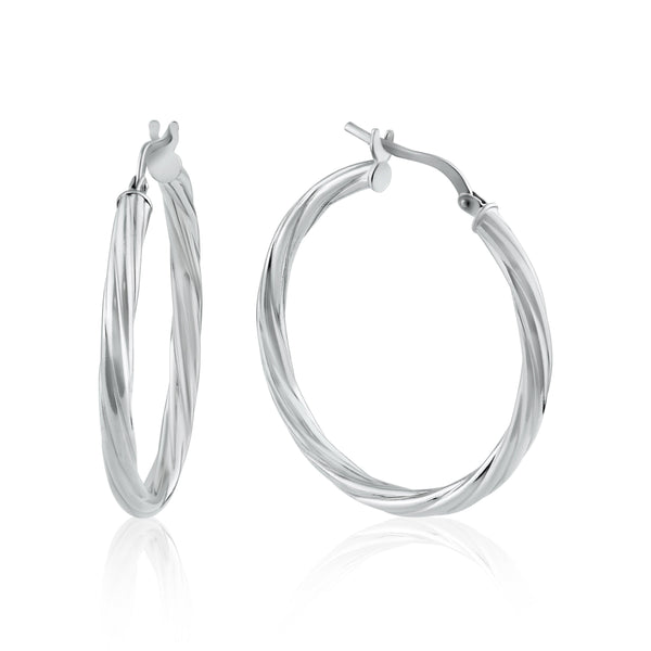 Rhodium Plated 925 Sterling Silver Silver Twisted 3mm Hoop Earrings - ARE00028RH | Silver Palace Inc.