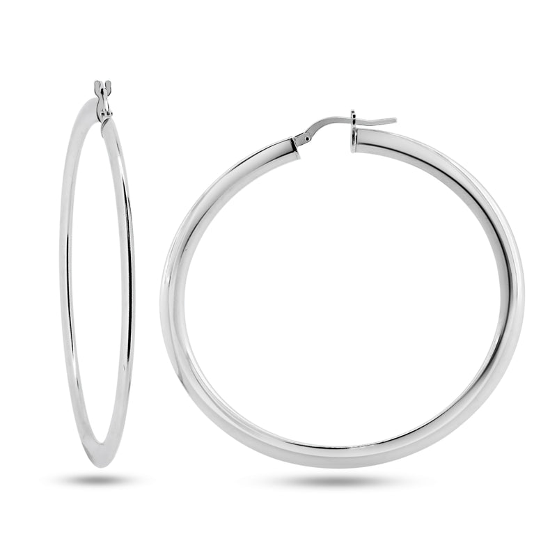 Rhodium Plated 925 Sterling Silver Silver 2mm Hollow Loop Latch Back Earrings - ARE00034RH