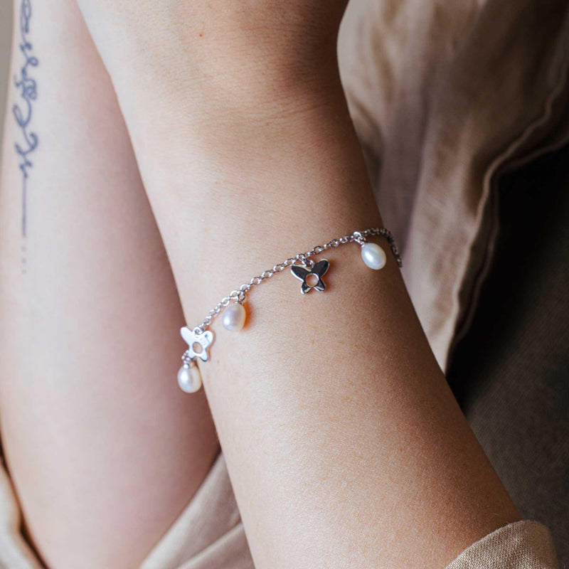 Silver 925 Rhodium Plated Dangling Open Butterfly with Fresh Water Pearl Bracelet - BGB00081
