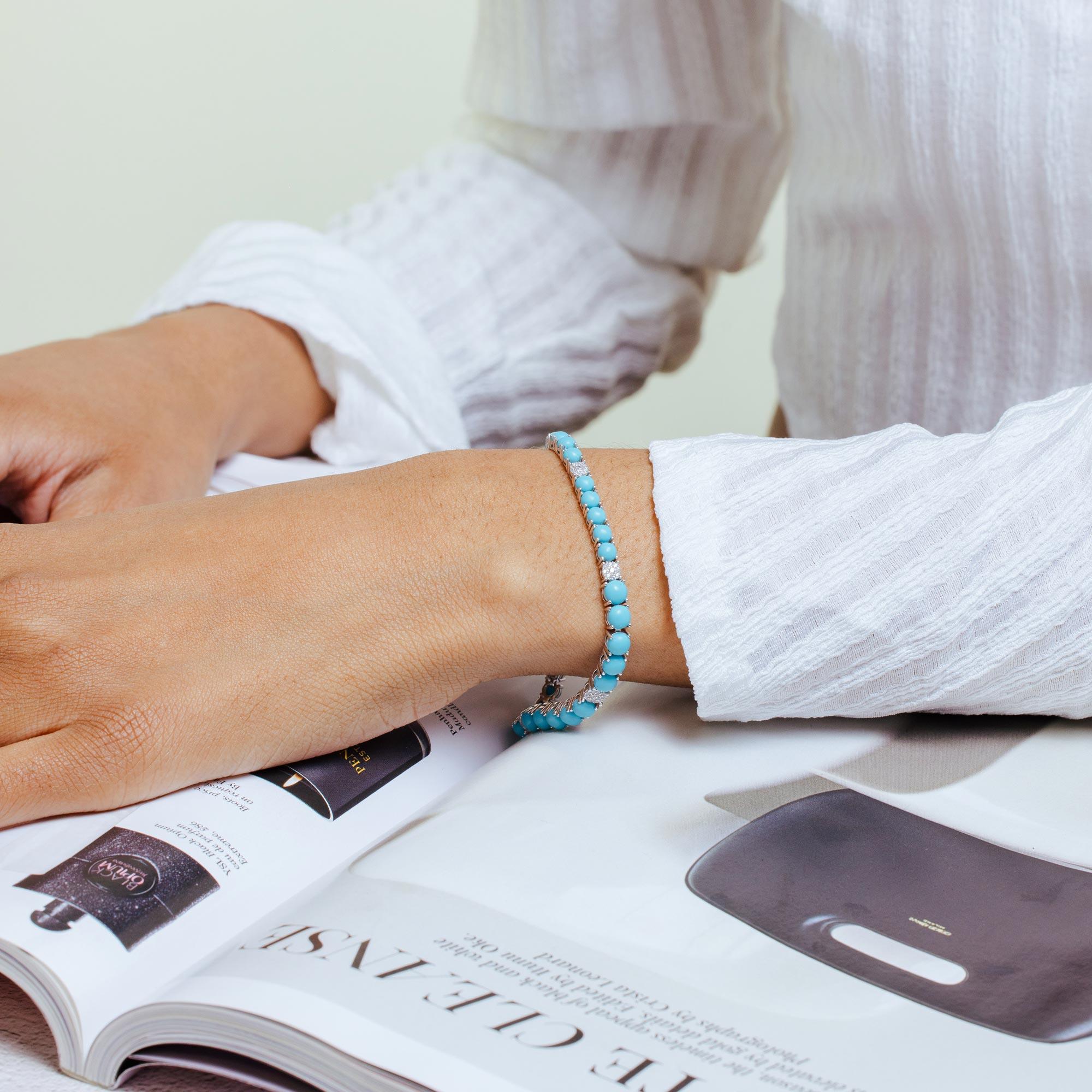 Pulsera de tenis de plata de ley 925 rodiada con turquesa y circonitas cúbicas transparentes de 5 mm - BGB00384