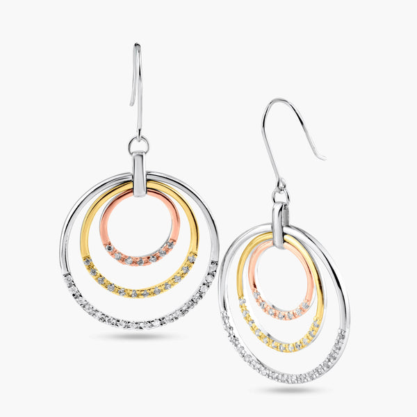 Silver 925 Gold and Silver Rhodium Plated Multiple Open Circle Clear CZ Dangling Hook Earrings - BGE00051 | Silver Palace Inc.