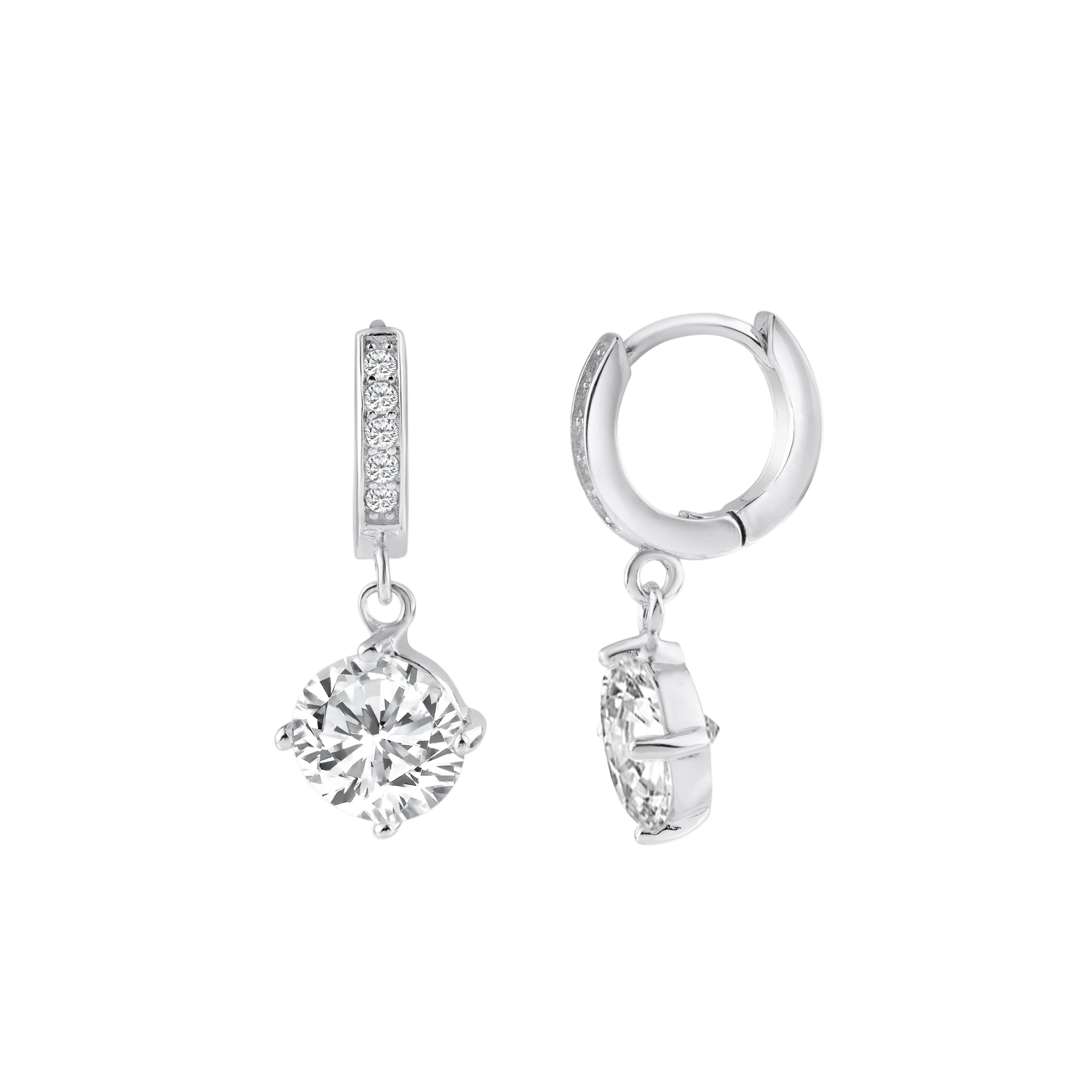 Silver 925 Rhodium Plated Round Channel CZ Dangling huggie hoop Earrings - BGE00263 | Silver Palace Inc.