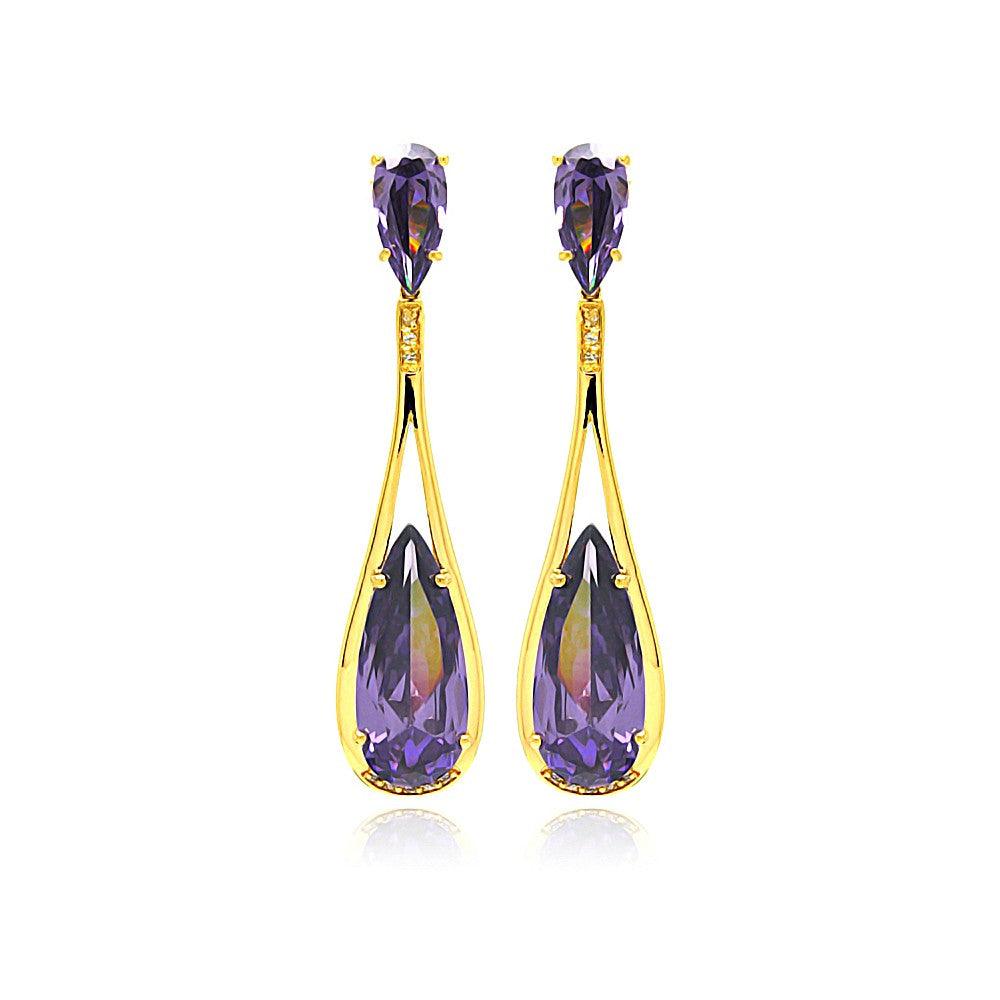 Silver 925 Rose Gold Rhodium Plated Purple Teardrop CZ Dangling Stud Earrings - BGE00282 | Silver Palace Inc.