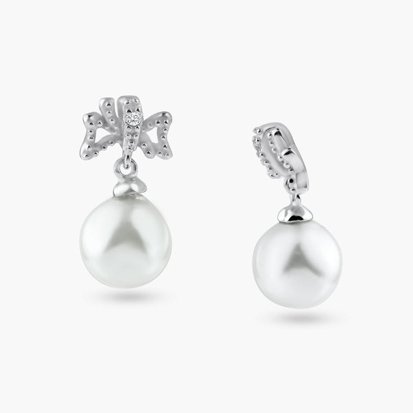 Silver 925 Rhodium Plated Ribbon CZ Hanging Pearl Stud Earrings - BGE00421 | Silver Palace Inc.