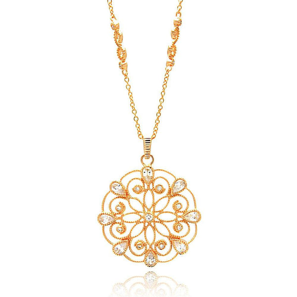Silver 925 Rose Gold Plated Open Circle Flower Design CZ Necklace - BGP00652 | Silver Palace Inc.