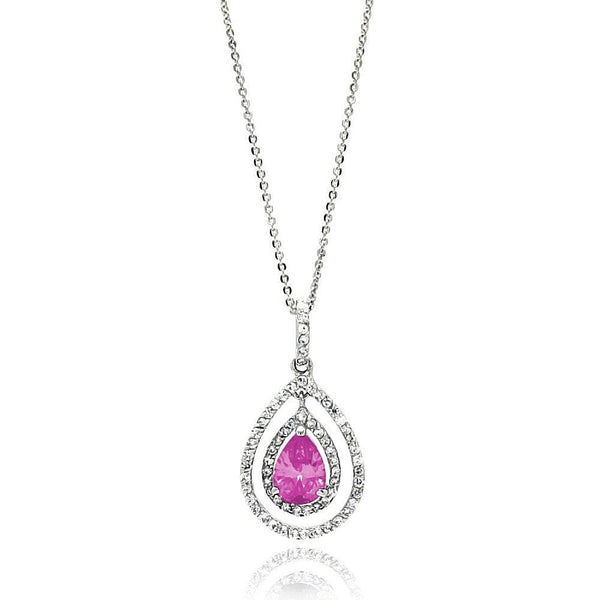 Silver 925 Rhodium Plated Open Pink Teardrop Center CZ Necklace - BGP00665 | Silver Palace Inc.